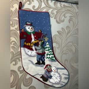 Vintage Needlepoint Christmas Holiday Stocking Snowman Birds Red Velveteen